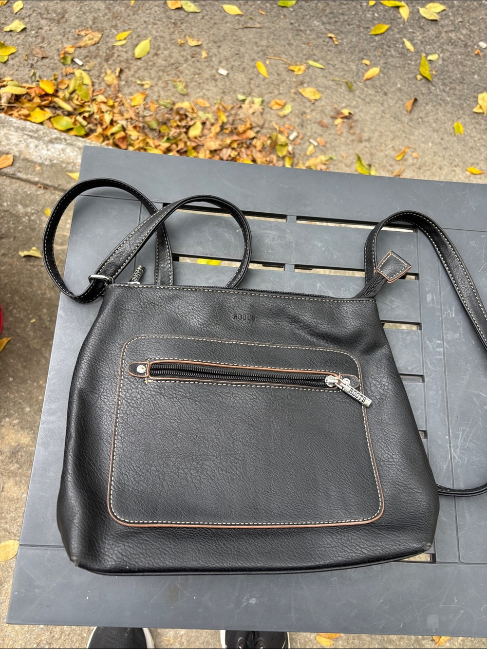 Roots Black Crossbody Bag with Contrast Stitching